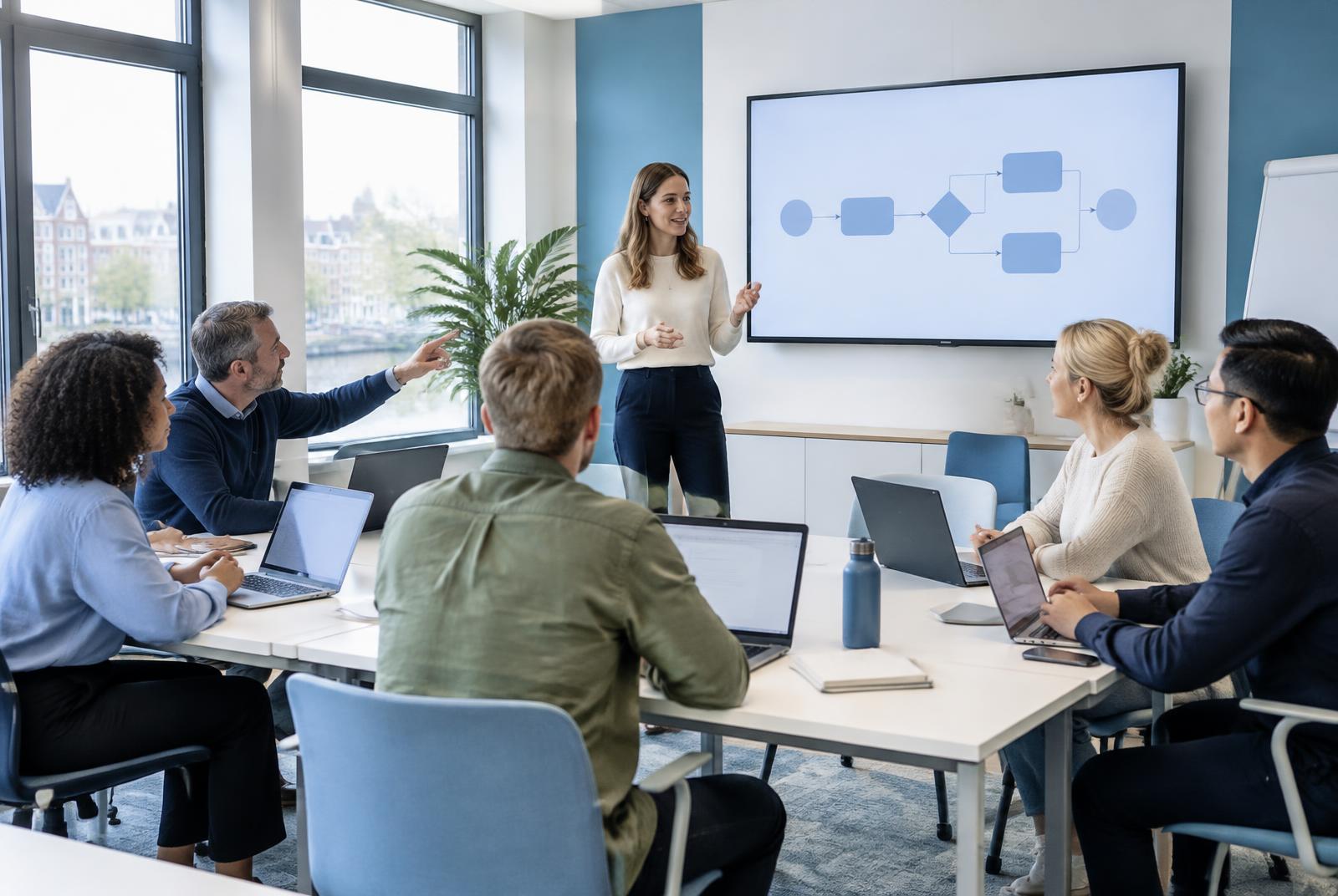 Trainer en professionals bespreken samen een AI-workflow in een lichte klasruimte