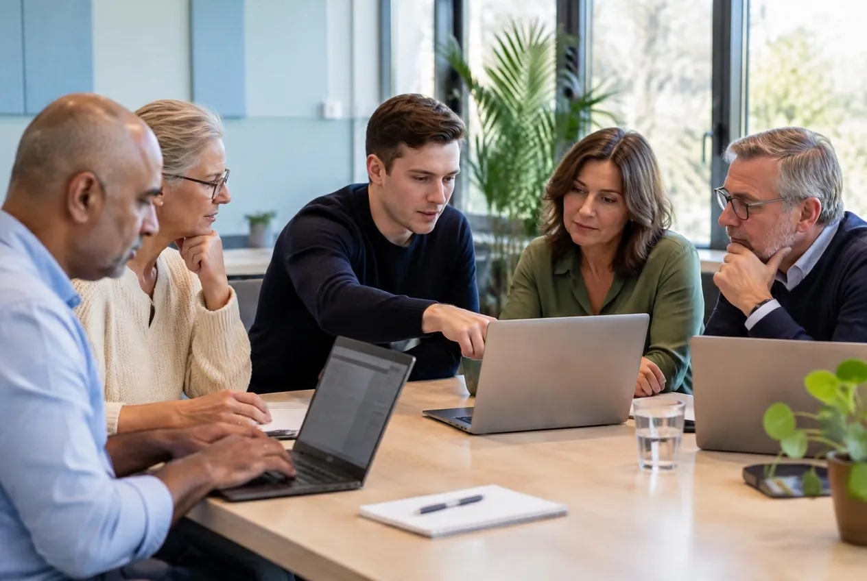 Trainer begeleidt medewerkers tijdens een praktische AI-training in een kleine groep